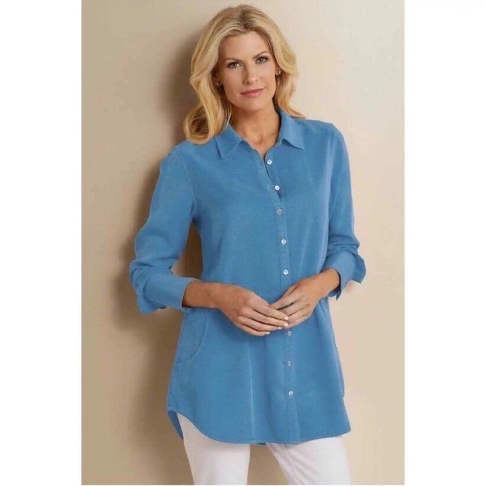 Soft Surroundings Easy Tencel Peplum Button-Up Shirt Blue XS | Inventory ID: H29